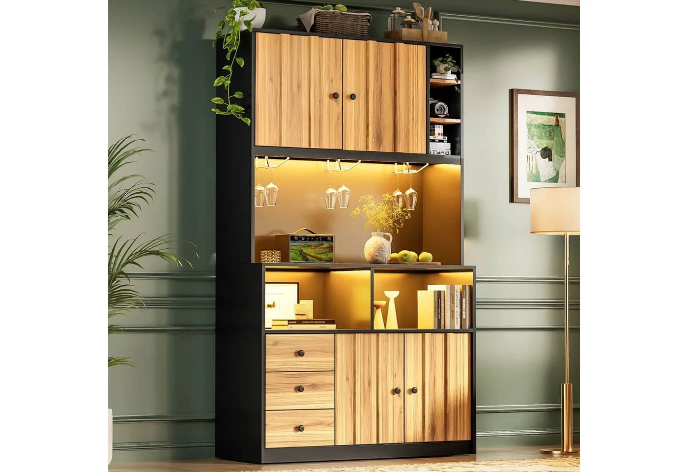 Flieks Küchenbuffet Hochschrank Schwarz Beige Holzoptik LED - Bild 2