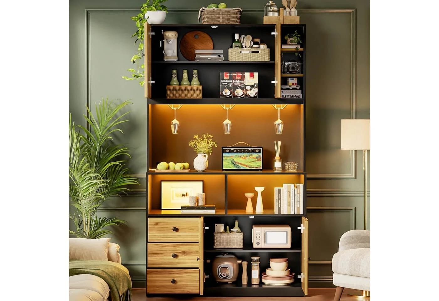 Flieks Küchenbuffet Hochschrank Schwarz Beige Holzoptik LED - Bild 3