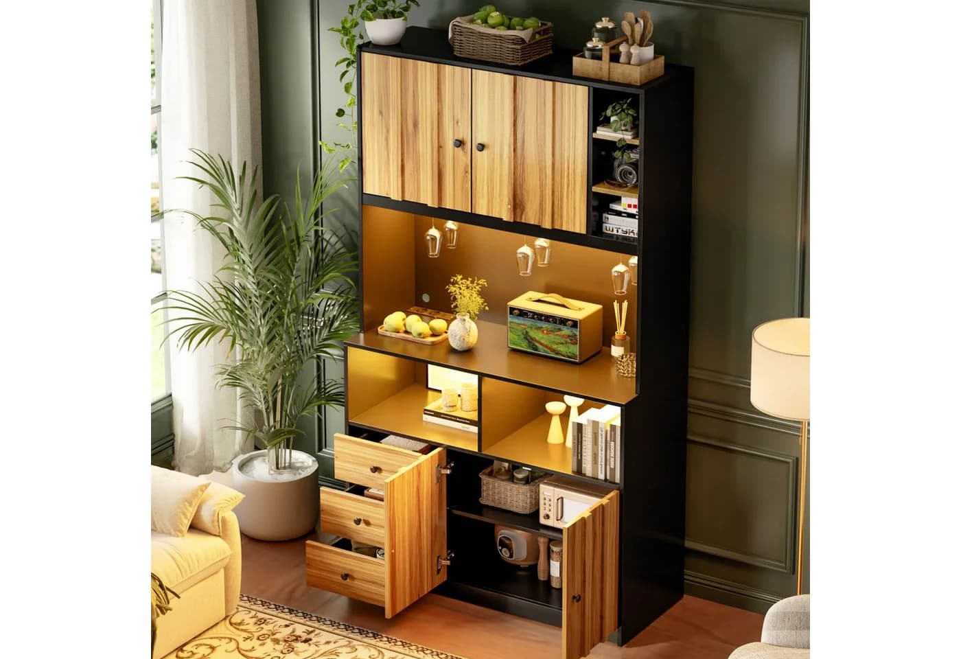 Flieks Küchenbuffet Hochschrank Schwarz Beige Holzoptik LED - Bild 4