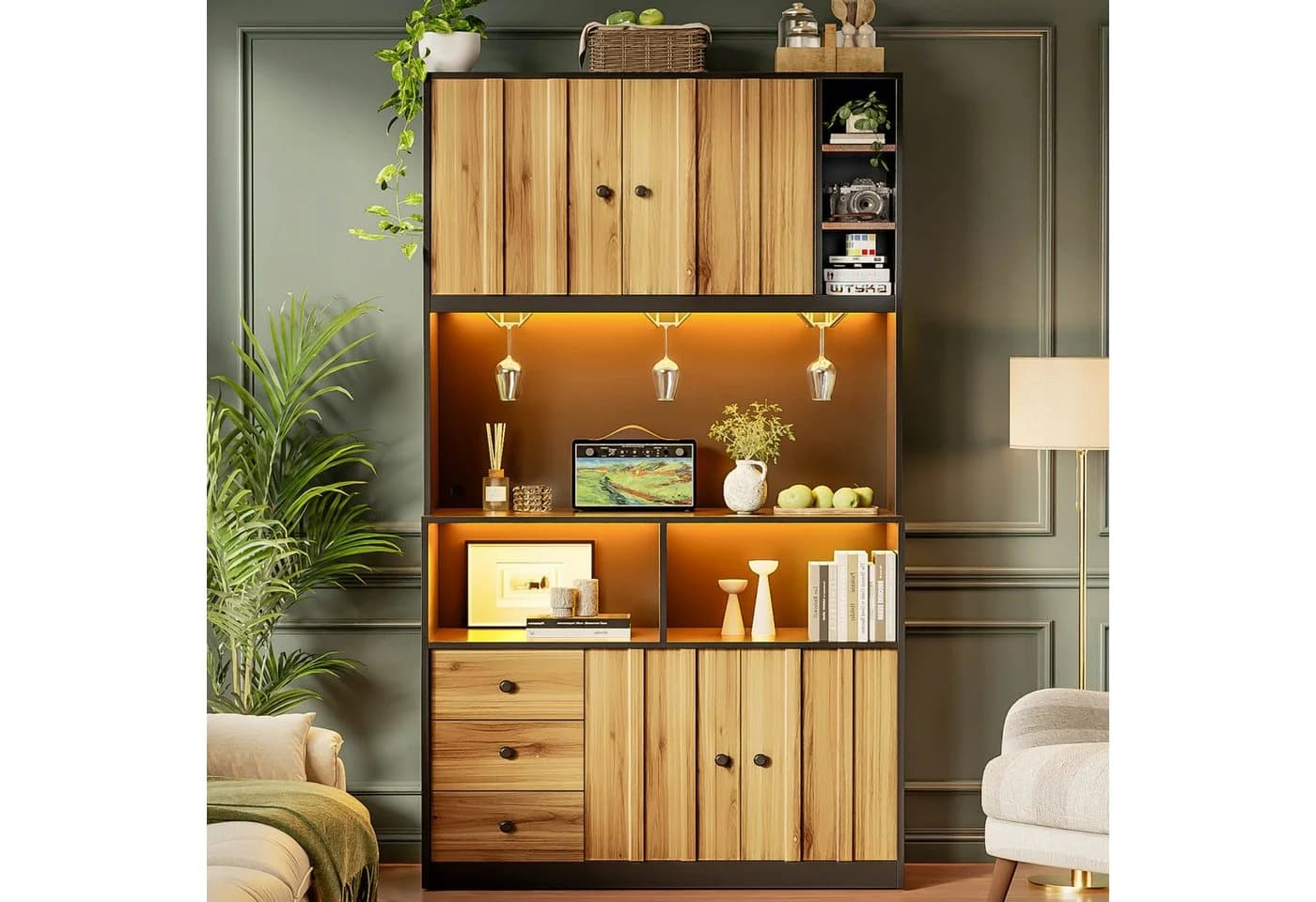 Flieks Küchenbuffet Hochschrank Schwarz Beige Holzoptik LED - Bild 5