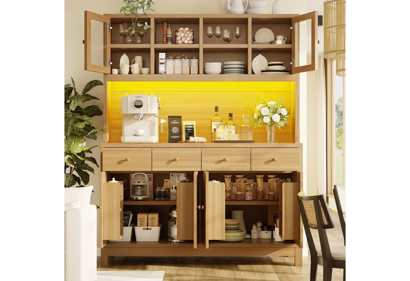 Flieks Küchenbuffet Hochschrank mit Glastüren, Schubladen & LED