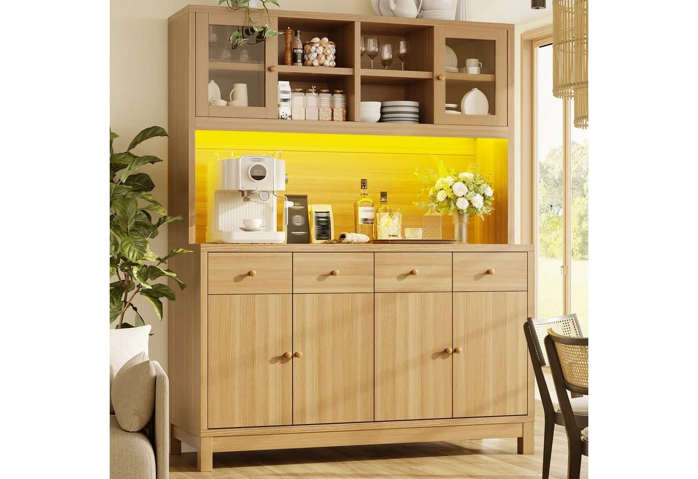 Flieks Küchenbuffet Hochschrank mit Glastüren, Schubladen & LED - Bild 2