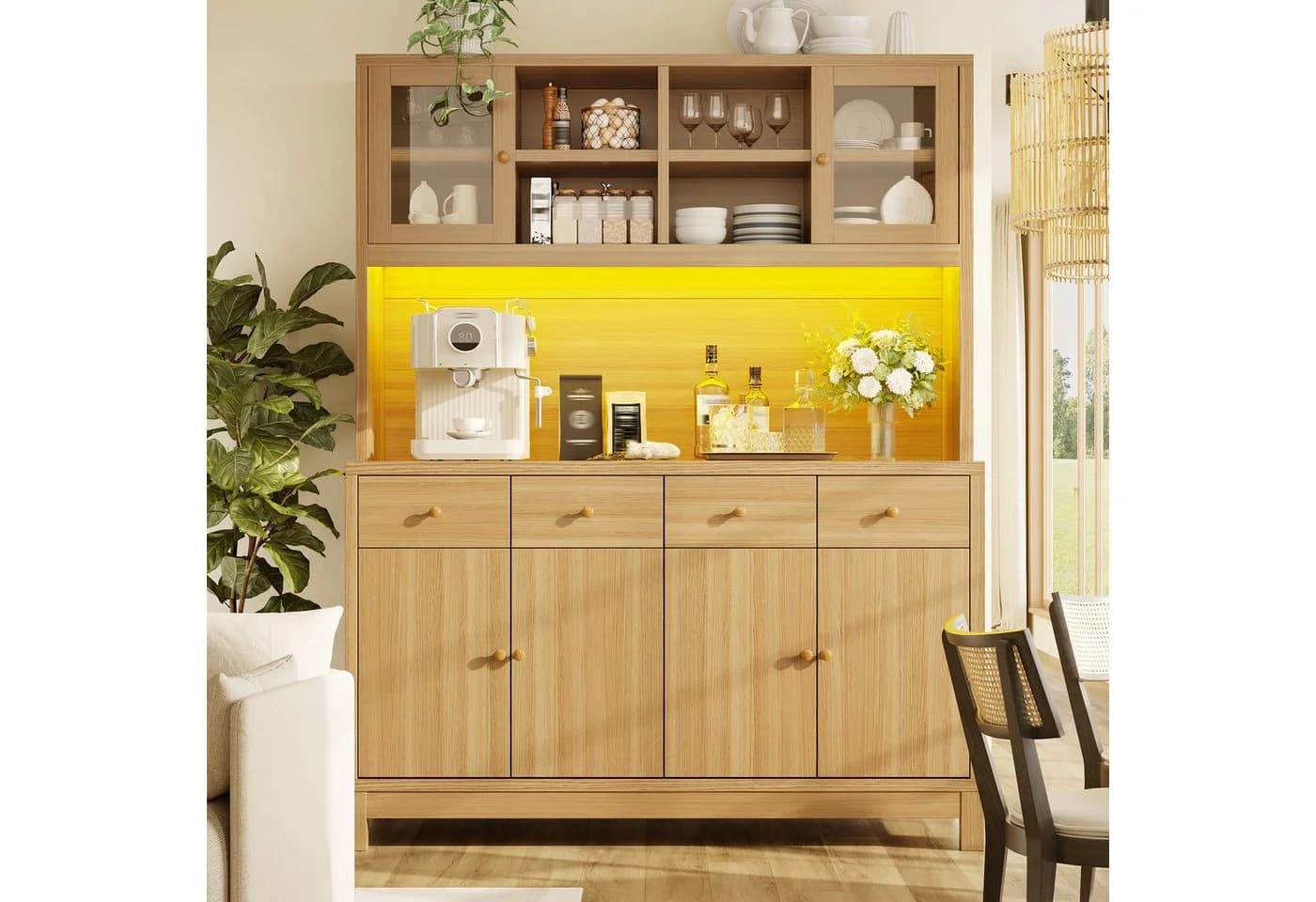 Flieks Küchenbuffet Hochschrank mit Glastüren, Schubladen & LED - Bild 3
