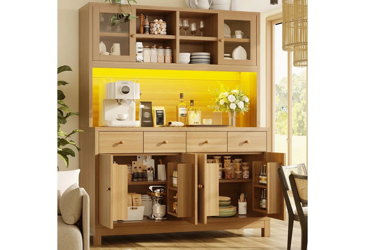 Flieks Küchenbuffet Hochschrank mit Glastüren, Schubladen & LED - Bild 4
