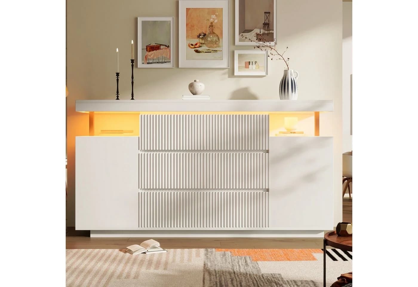 Flieks Kommode Sideboard Weiß mit LED-Beleuchtung