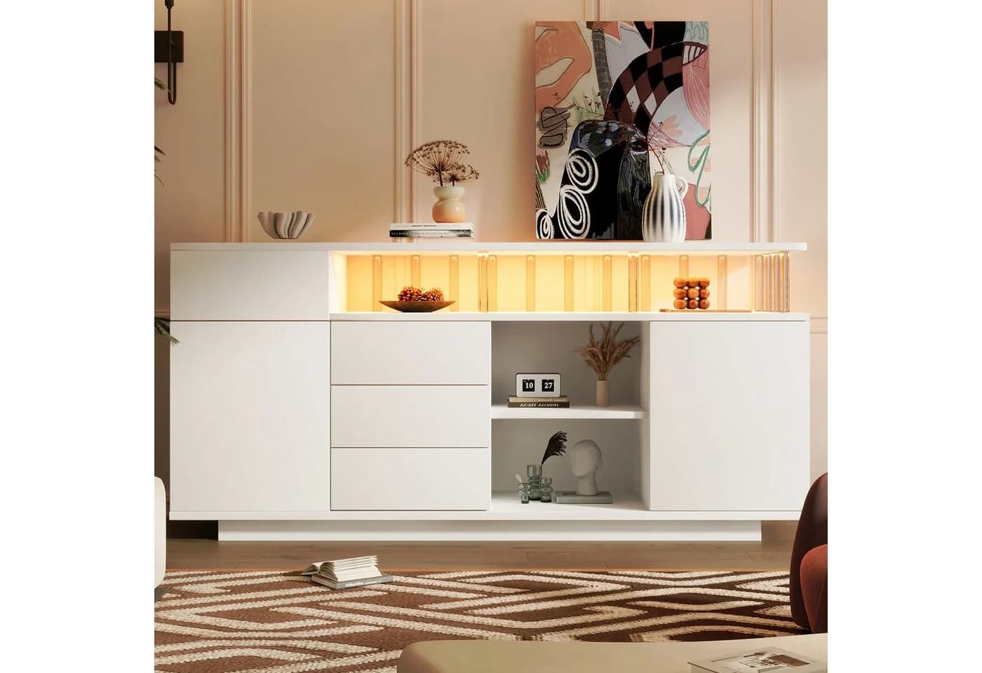 Flieks Sideboard Weiß mit LED-Beleuchtung und Schubladen