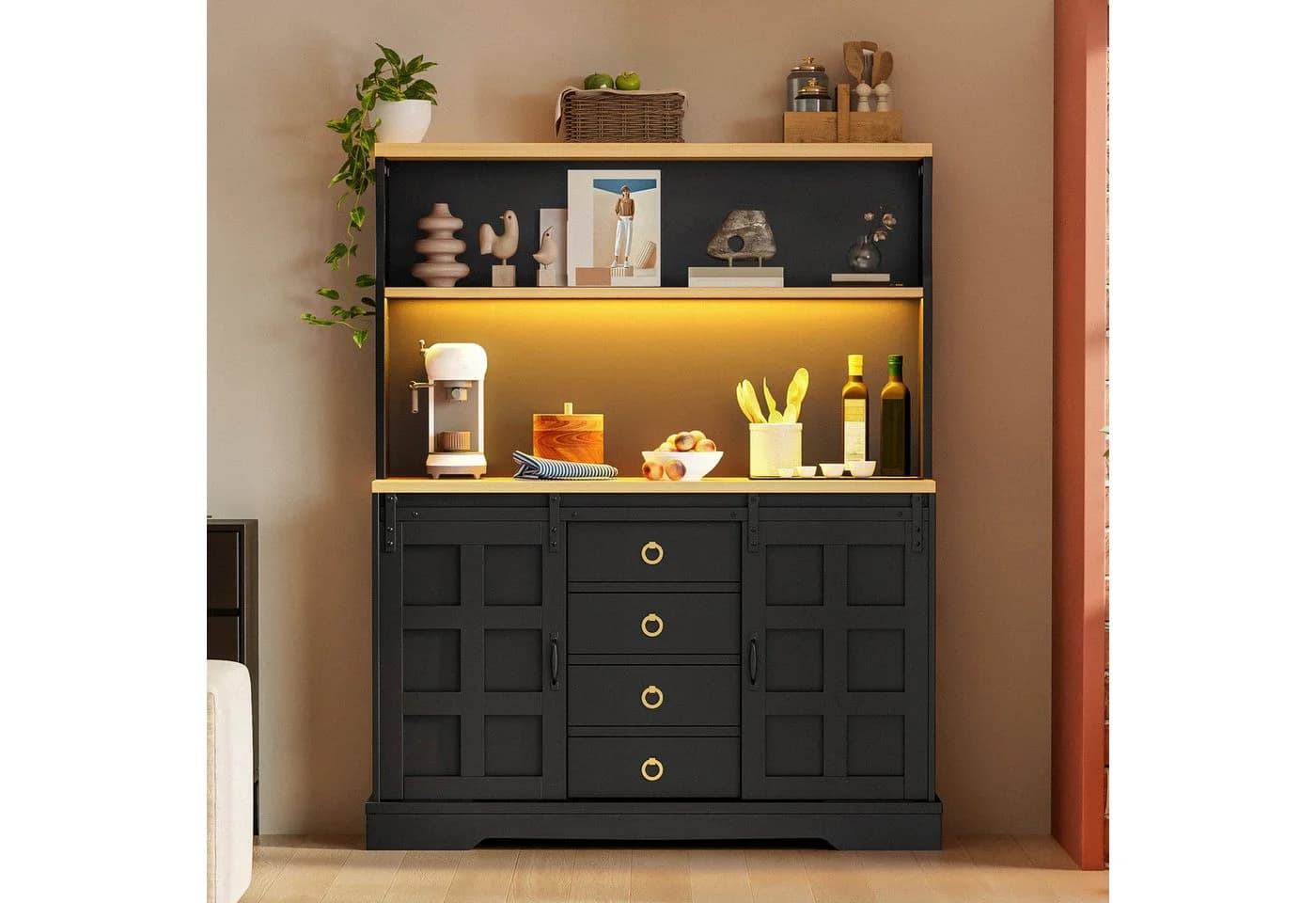 Flieks Küchenbuffet Retro Schwarz mit LED & Steckdose