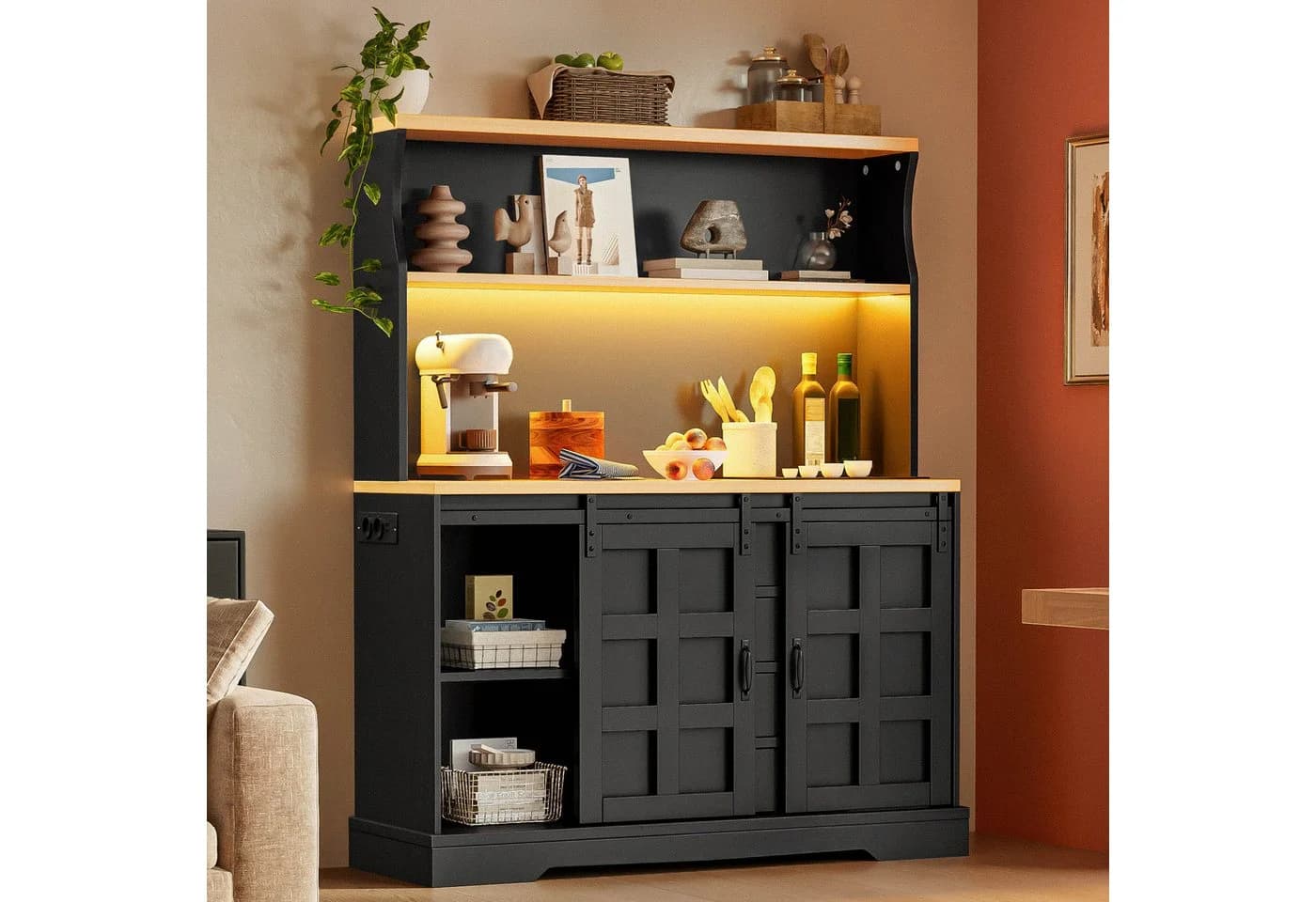 Flieks Küchenbuffet Retro Schwarz mit LED & Steckdose - Bild 2