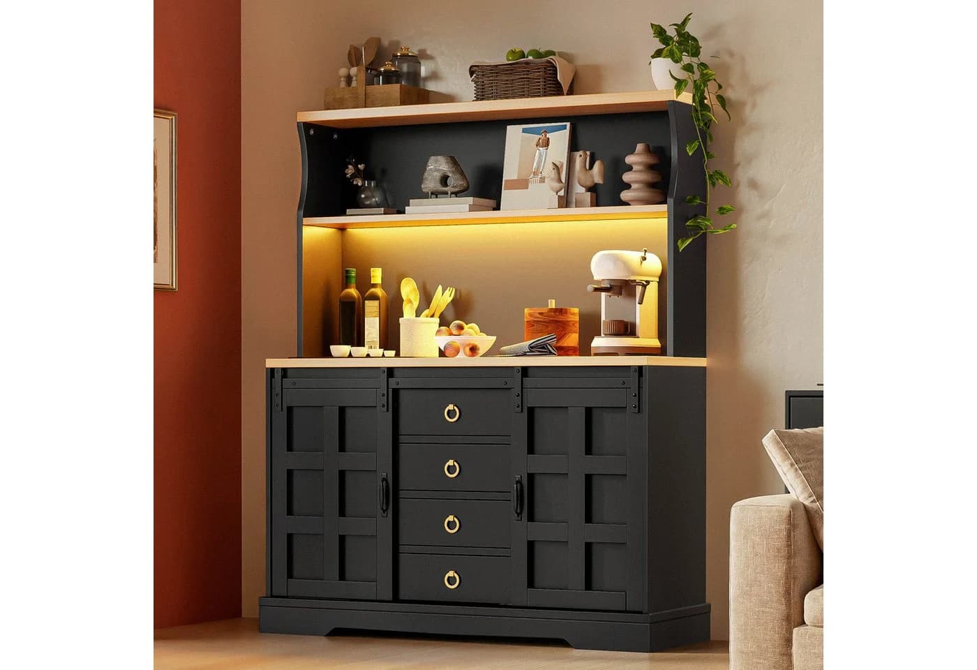 Flieks Küchenbuffet Retro Schwarz mit LED & Steckdose - Bild 4