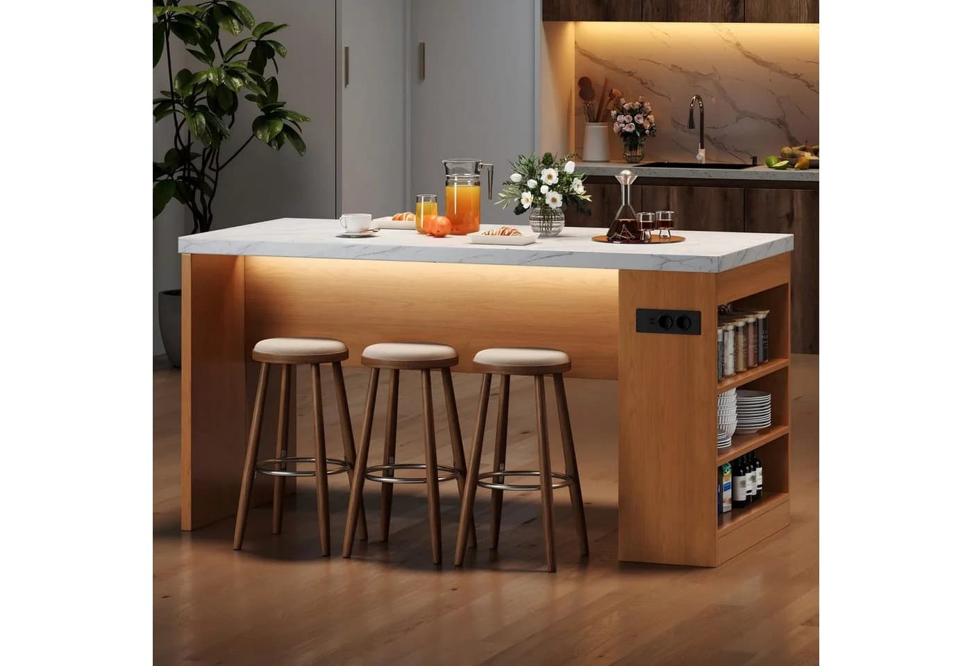 Flieks Kücheninsel Marmoroptik mit LED, Steckdose & USB