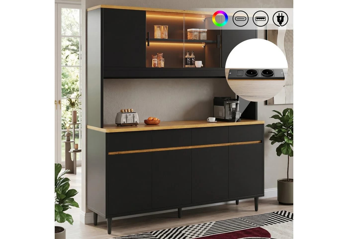 Flieks Küchenbuffet Eichefarbe mit LED, Steckdosen & USB-Anschlüssen - Bild 2