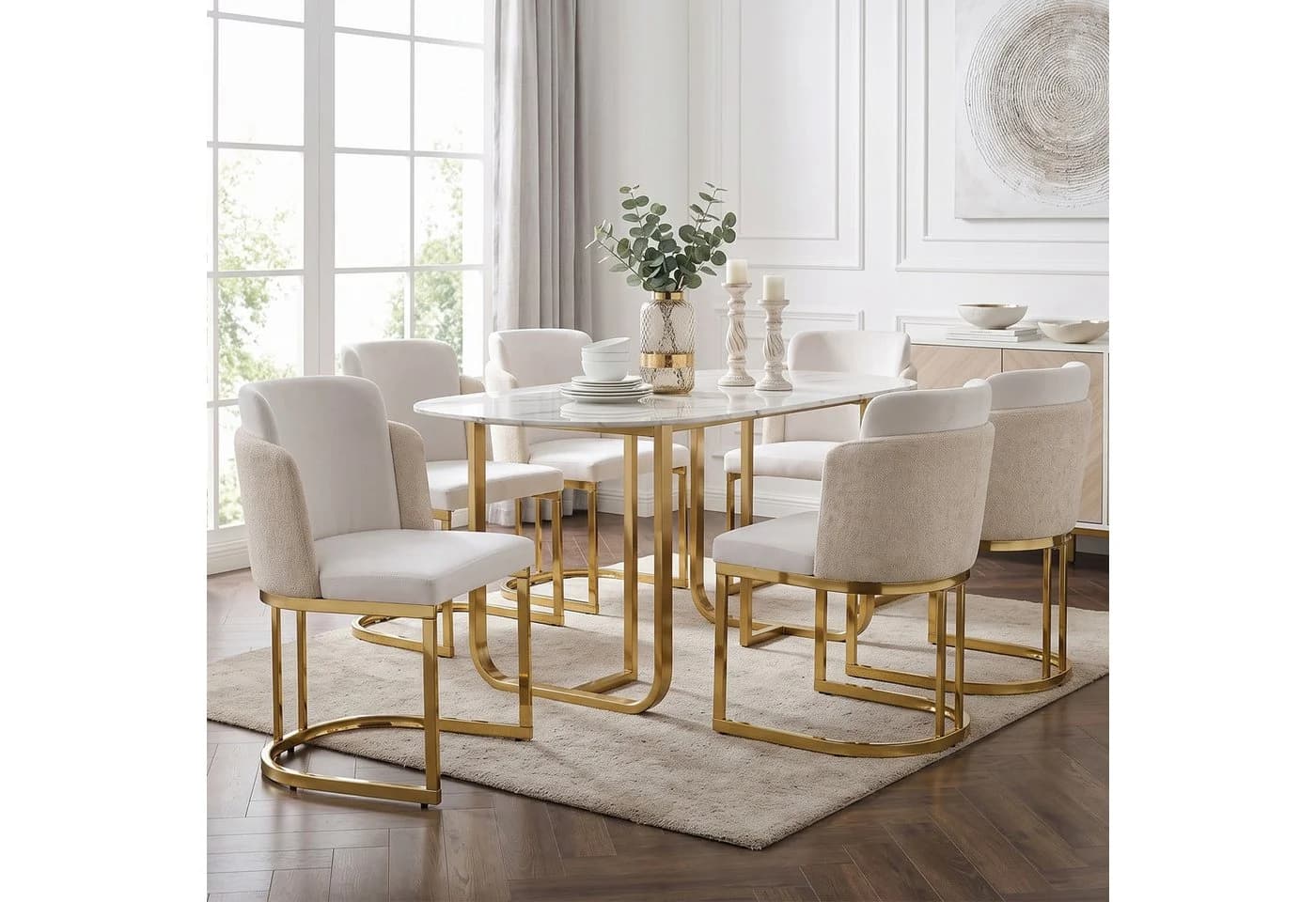 Flieks 6er Set Esszimmerstühle Freischwinger Beige Chenille Metallbeine - Bild 2