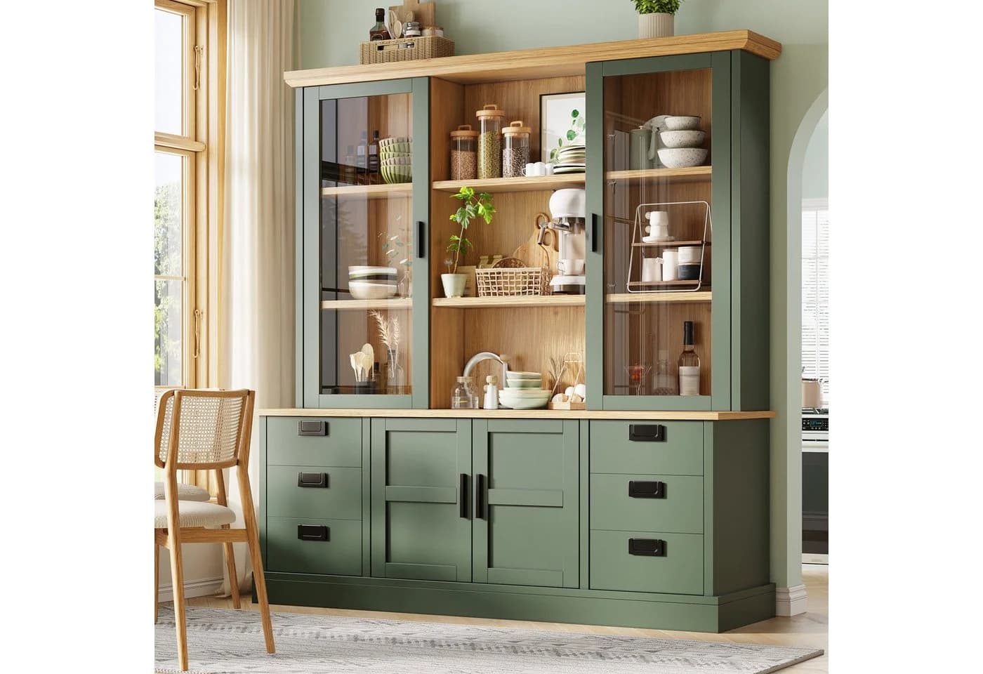 Flieks Küchenbuffet Hochschrank mit Glastüren und Schubladen Dunkelgrün - Bild 2