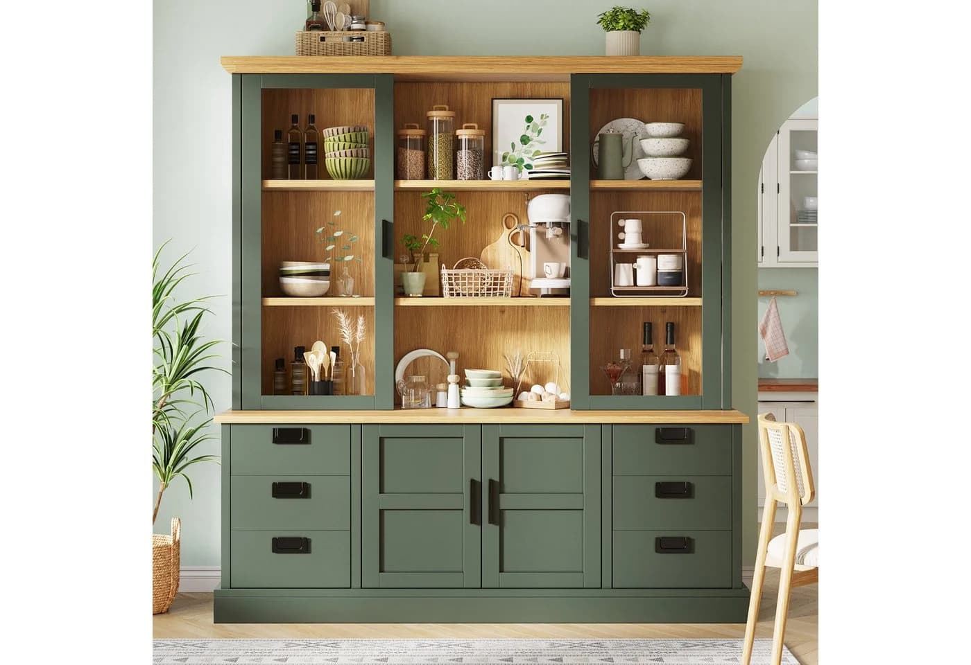 Flieks Küchenbuffet Hochschrank mit Glastüren und Schubladen Dunkelgrün - Bild 3