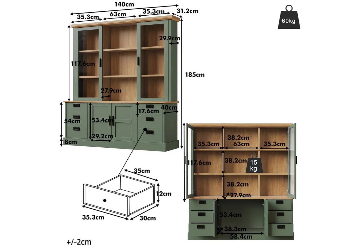 Flieks Küchenbuffet Hochschrank mit Glastüren und Schubladen Dunkelgrün - Bild 5