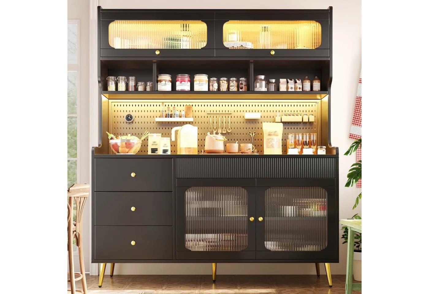 Flieks Küchenbuffet Schwarz mit LED, Glastüren & 5 Schubladen