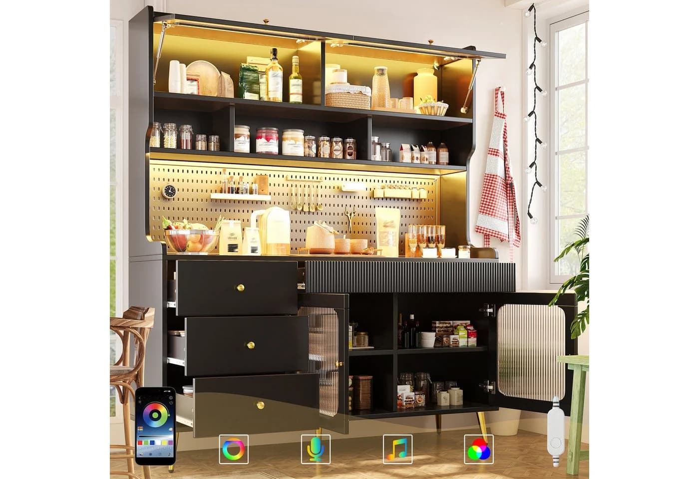 Flieks Küchenbuffet Schwarz mit LED, Glastüren & 5 Schubladen - Bild 2