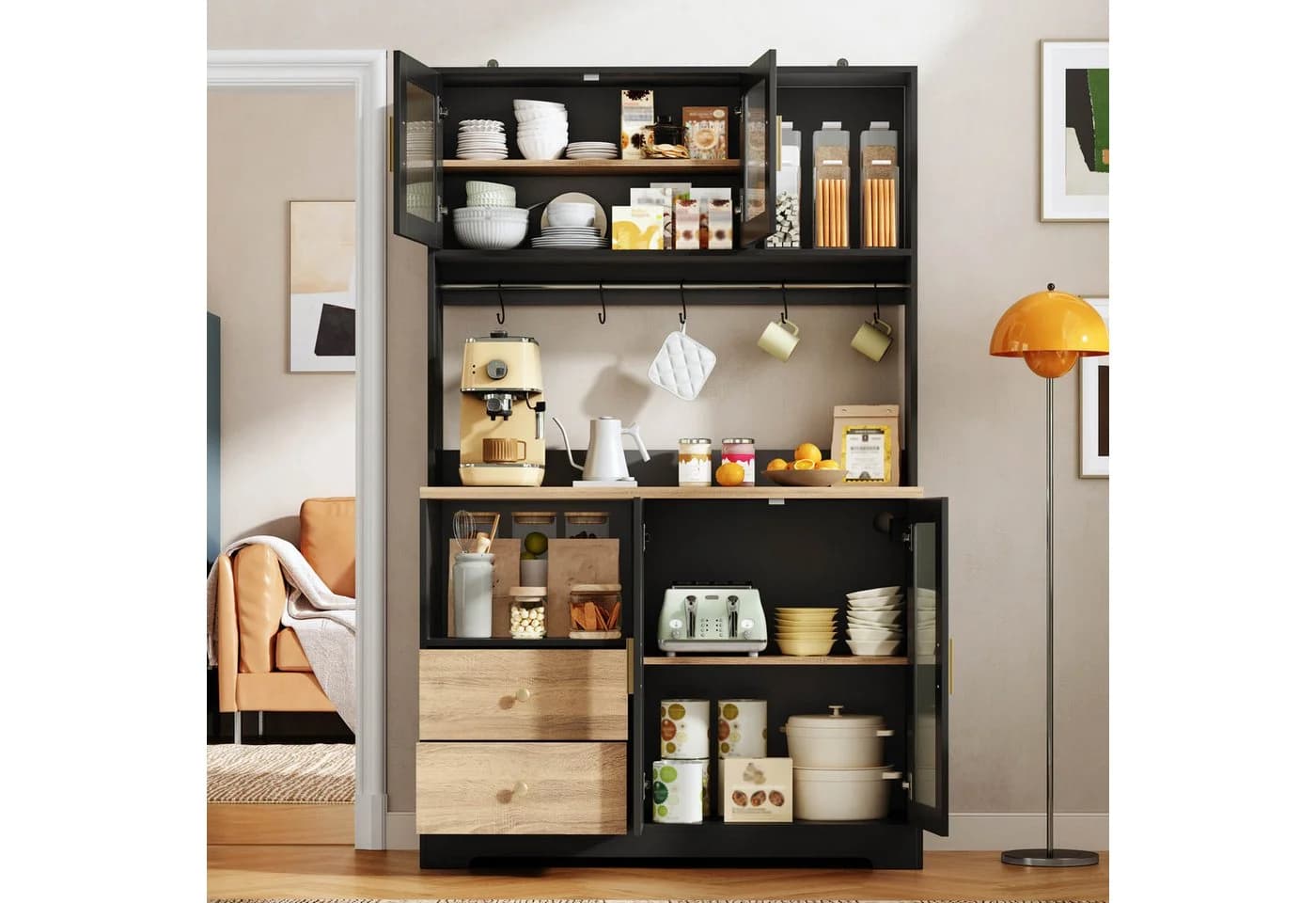 Flieks Küchenbuffet Hochschrank Holzoptik mit LED & Steckdose