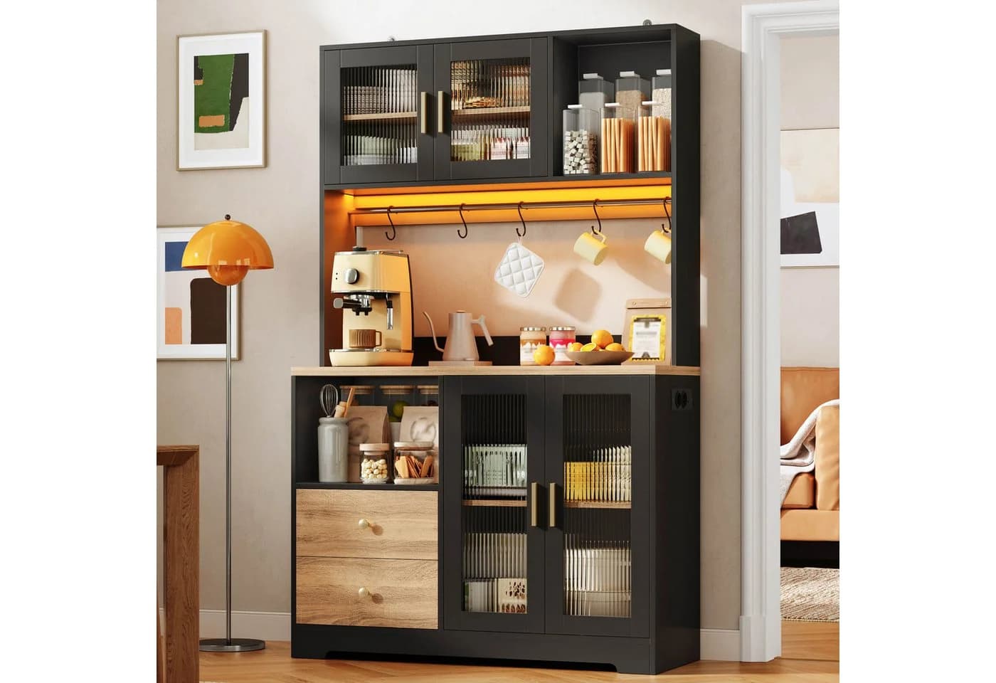 Flieks Küchenbuffet Hochschrank Holzoptik mit LED & Steckdose - Bild 2