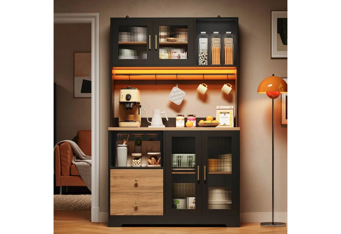 Flieks Küchenbuffet Hochschrank Holzoptik mit LED & Steckdose - Bild 3