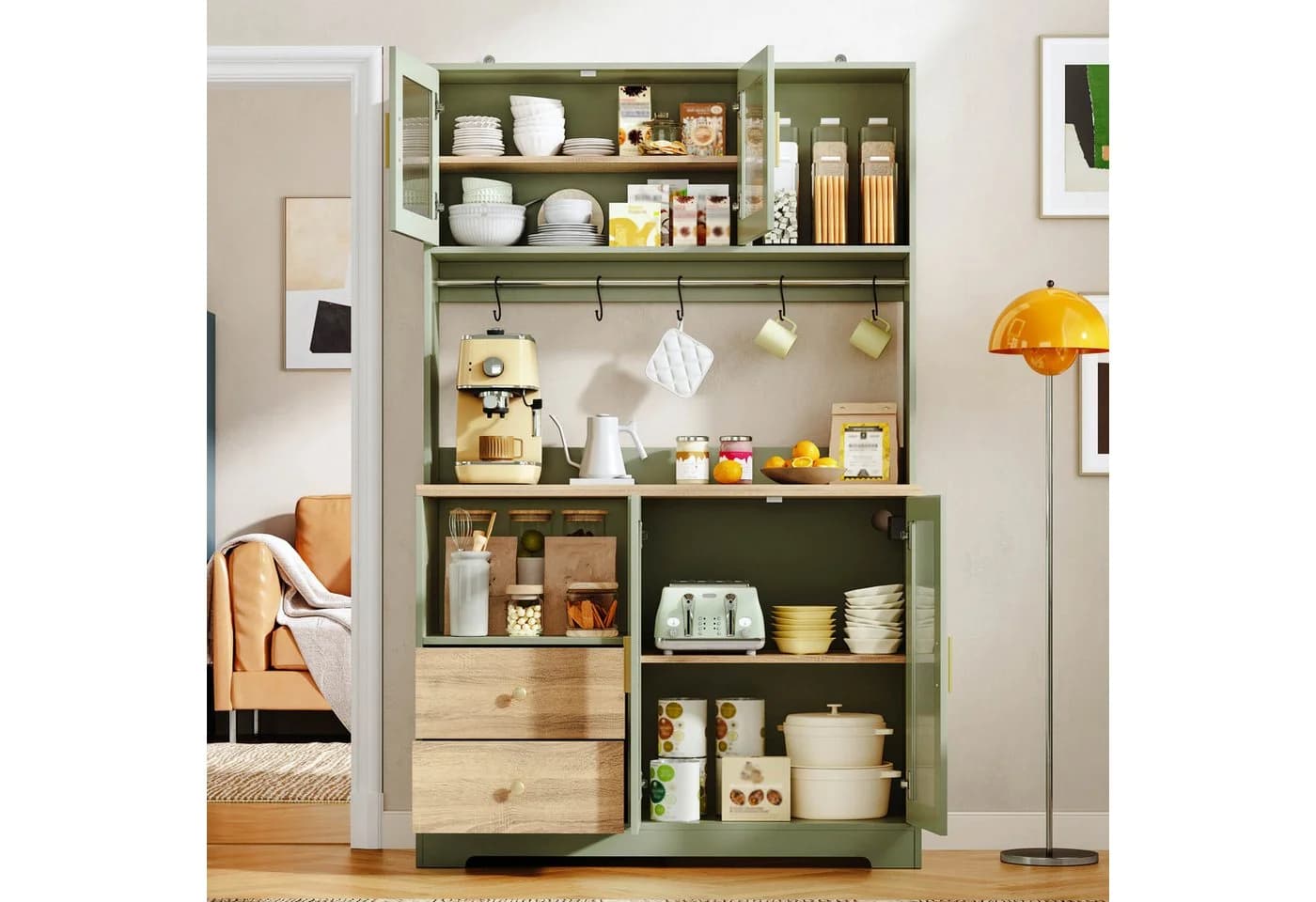 Flieks Küchenbuffet Hochschrank Grün mit Arbeitsplatte, LED & Steckdose