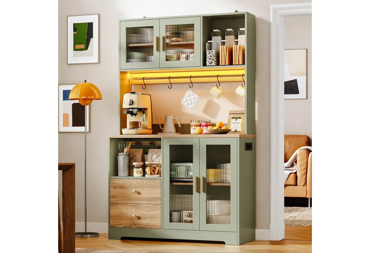 Flieks Küchenbuffet Hochschrank Grün mit Arbeitsplatte, LED & Steckdose - Bild 2