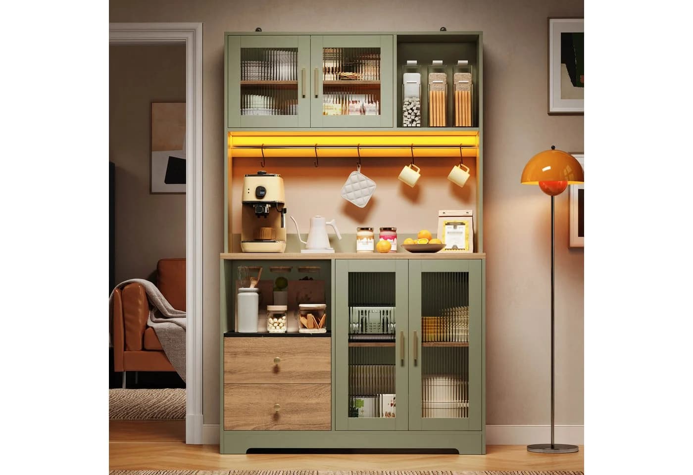Flieks Küchenbuffet Hochschrank Grün mit Arbeitsplatte, LED & Steckdose - Bild 3