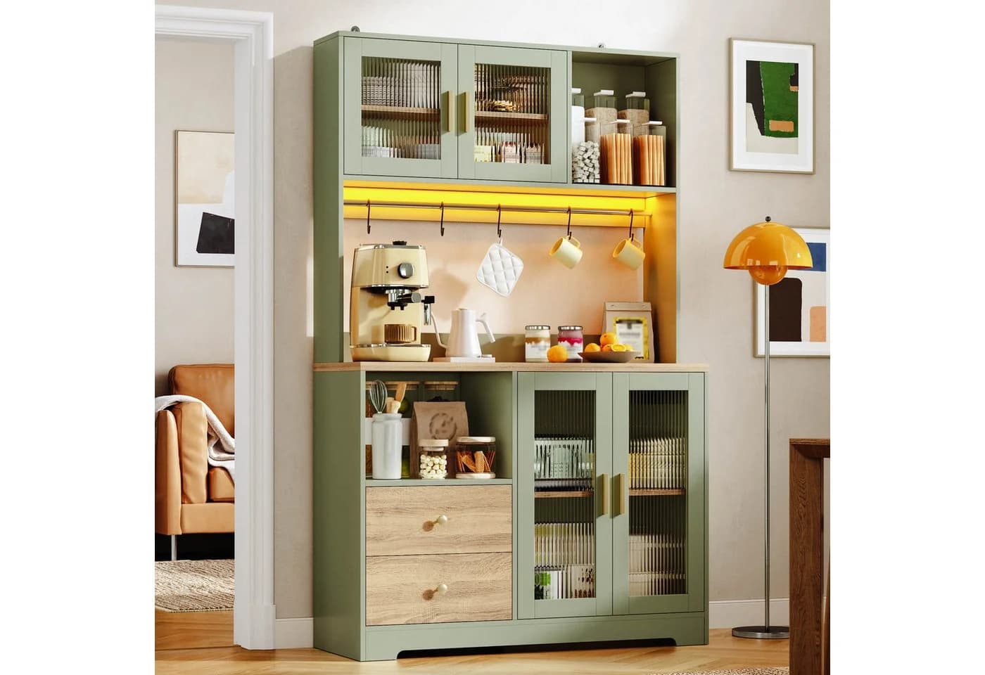 Flieks Küchenbuffet Hochschrank Grün mit Arbeitsplatte, LED & Steckdose - Bild 4