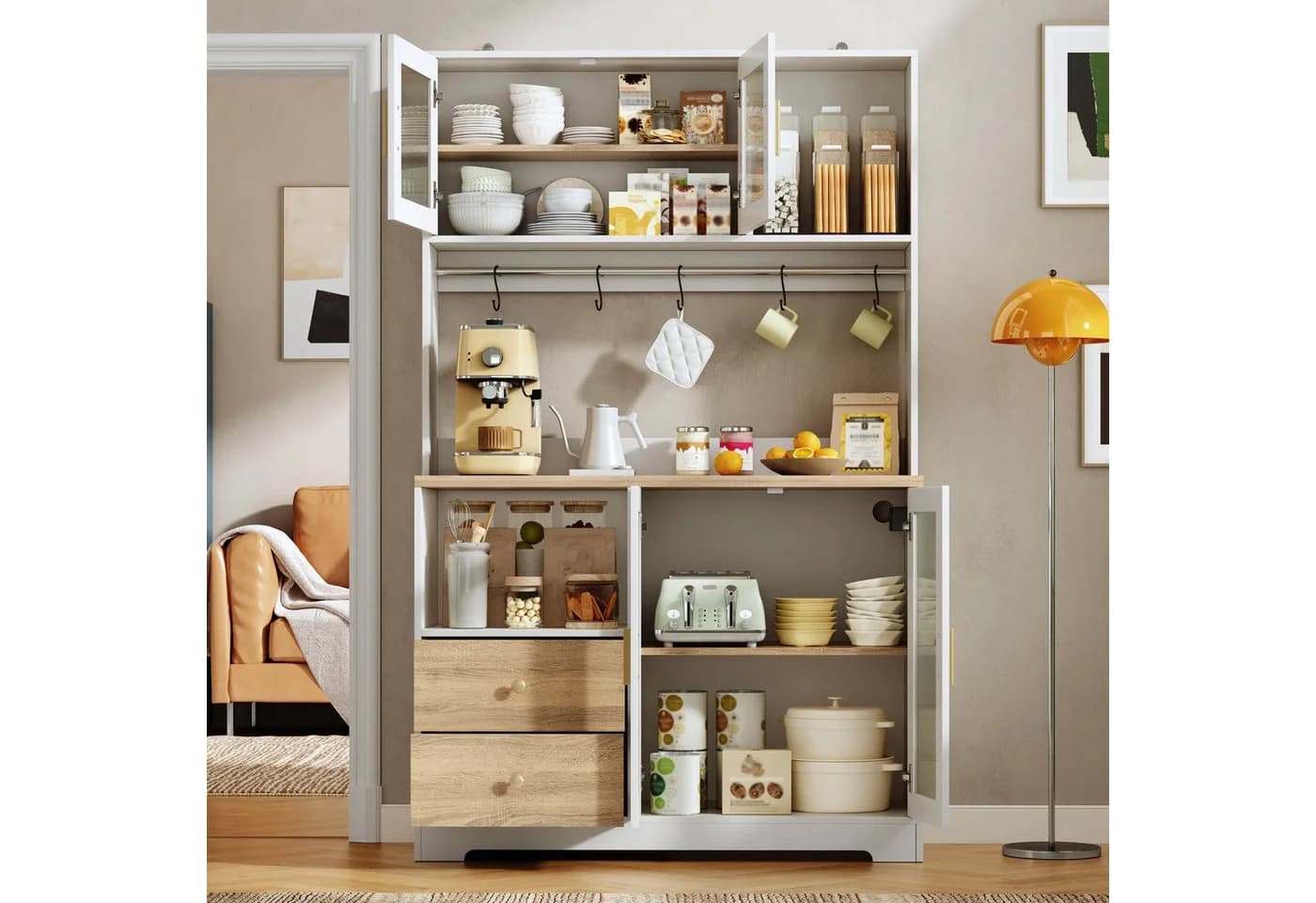 Flieks Küchenbuffet Hochschrank Weiß mit Arbeitsplatte, LED & Steckdose