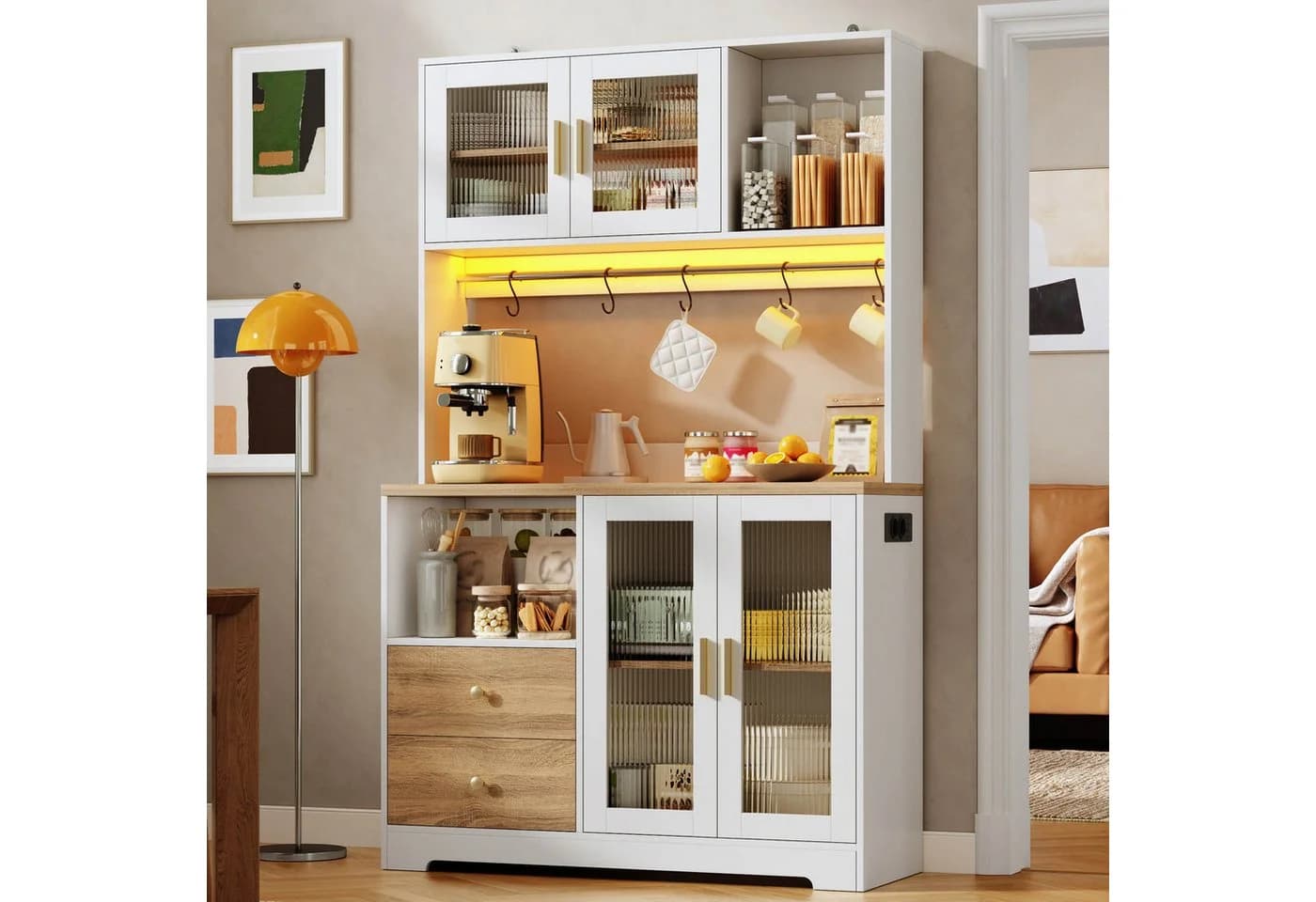 Flieks Küchenbuffet Hochschrank Weiß mit Arbeitsplatte, LED & Steckdose - Bild 2