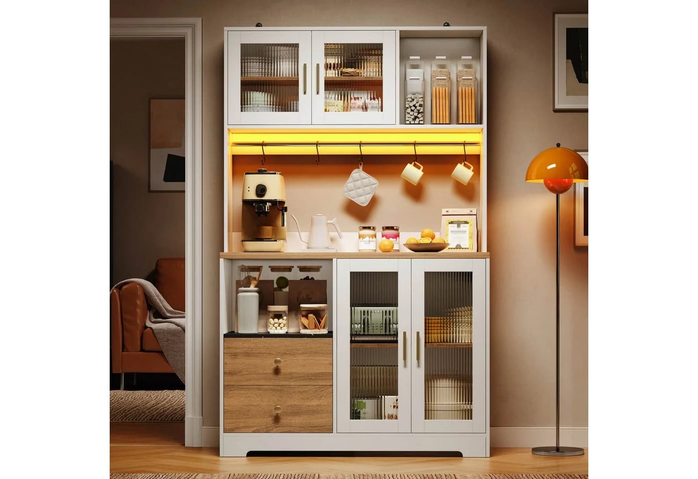 Flieks Küchenbuffet Hochschrank Weiß mit Arbeitsplatte, LED & Steckdose - Bild 3