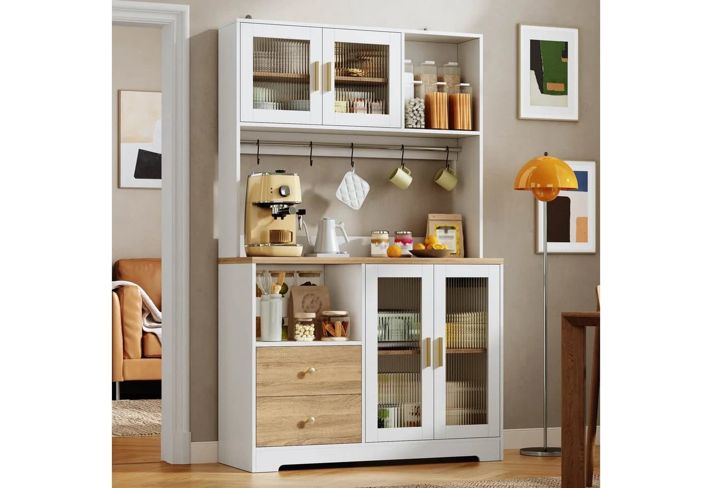 Flieks Küchenbuffet Hochschrank Weiß mit Arbeitsplatte, LED & Steckdose - Bild 4