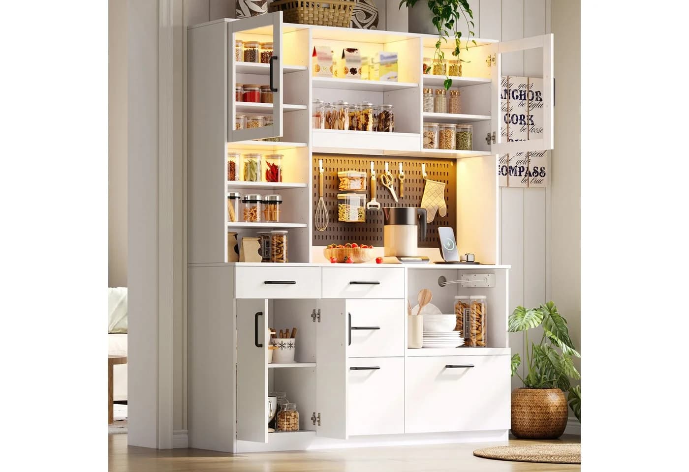Flieks Küchenbuffet Hochschrank Weiß mit LED-Beleuchtung und Steckdosen - Bild 2