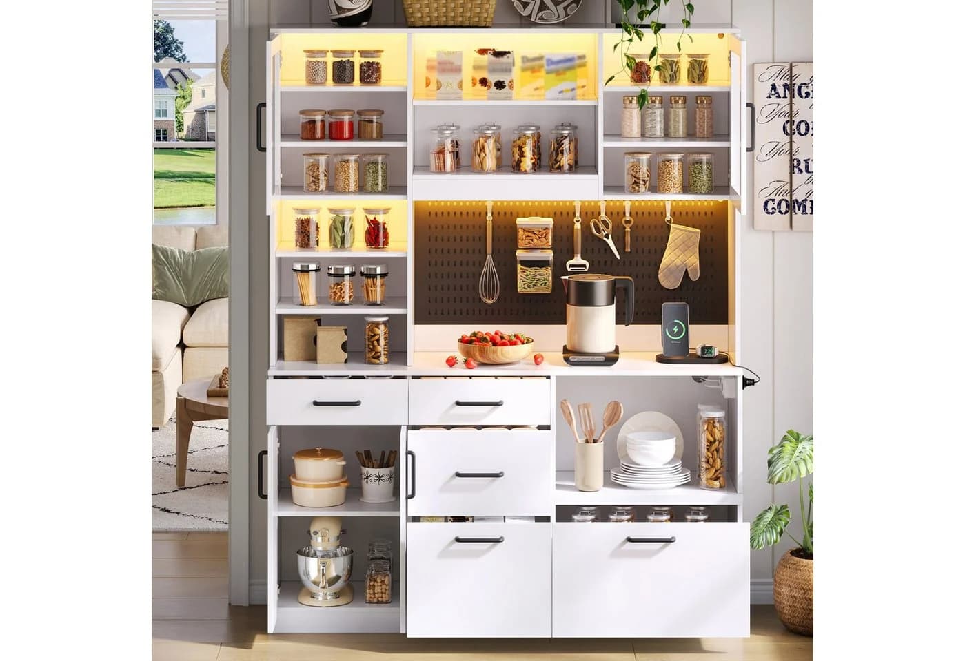 Flieks Küchenbuffet Hochschrank Weiß mit LED-Beleuchtung und Steckdosen - Bild 3