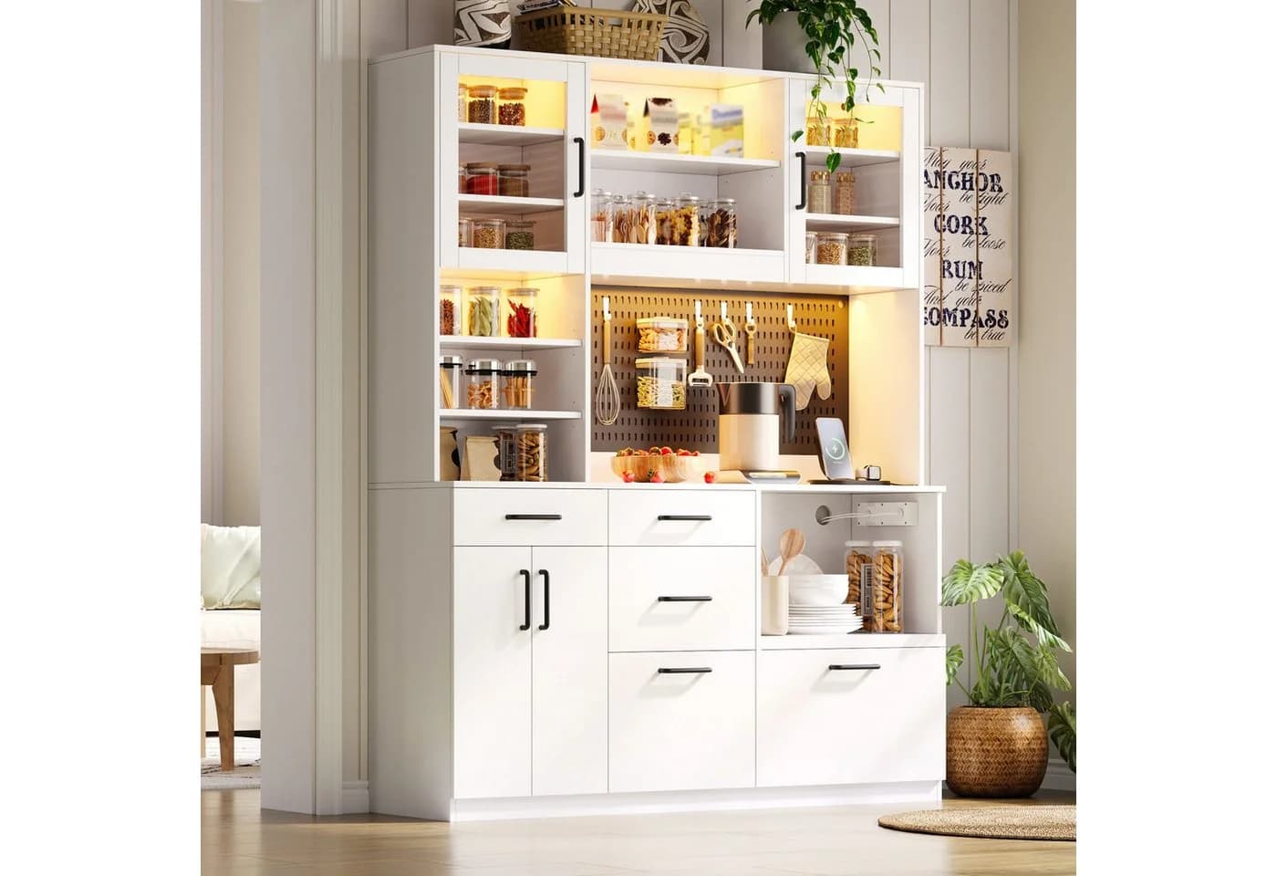 Flieks Küchenbuffet Hochschrank Weiß mit LED-Beleuchtung und Steckdosen - Bild 5