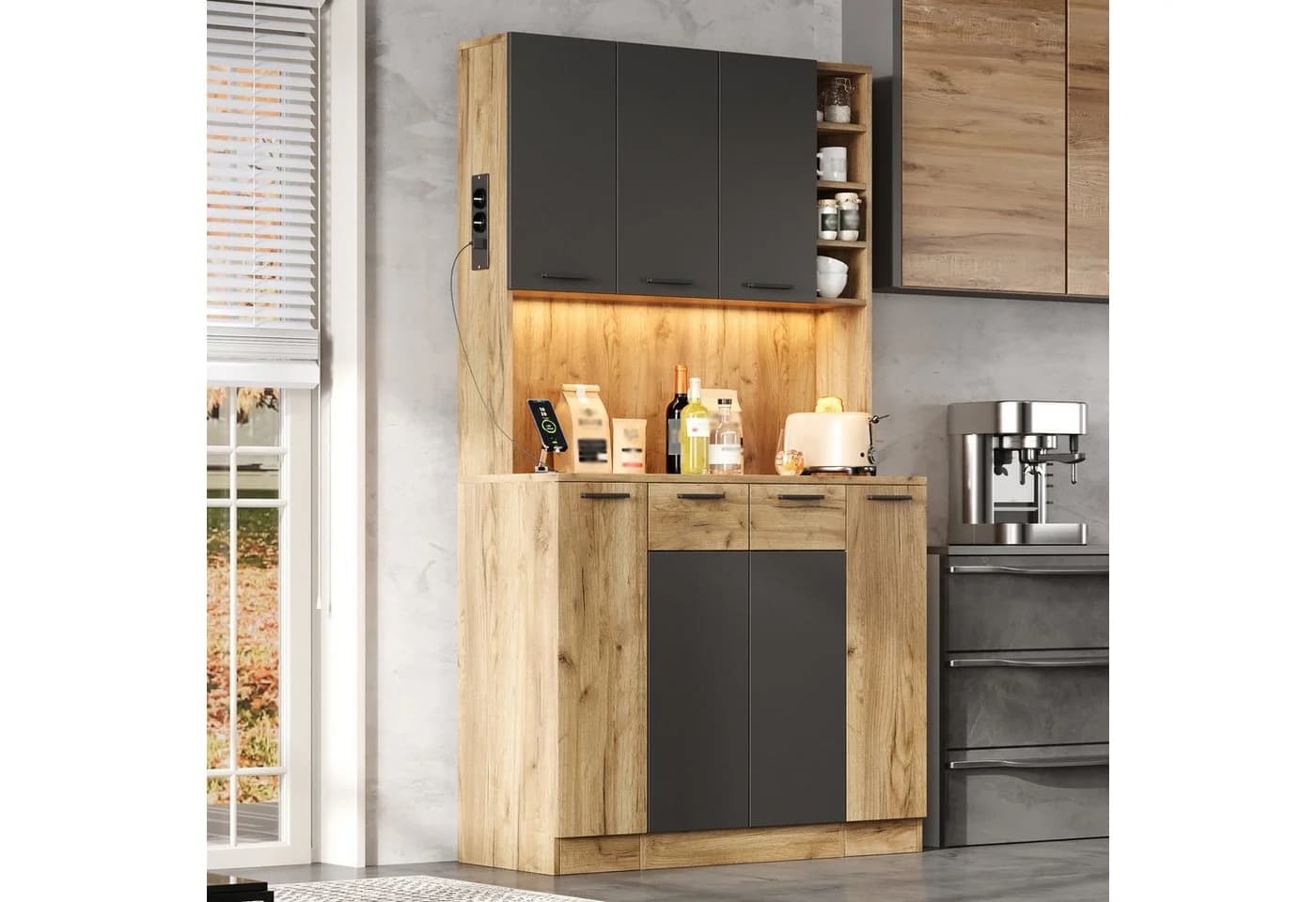 Flieks Küchenbuffet Hochschrank mit LED-Beleuchtung und Steckdose