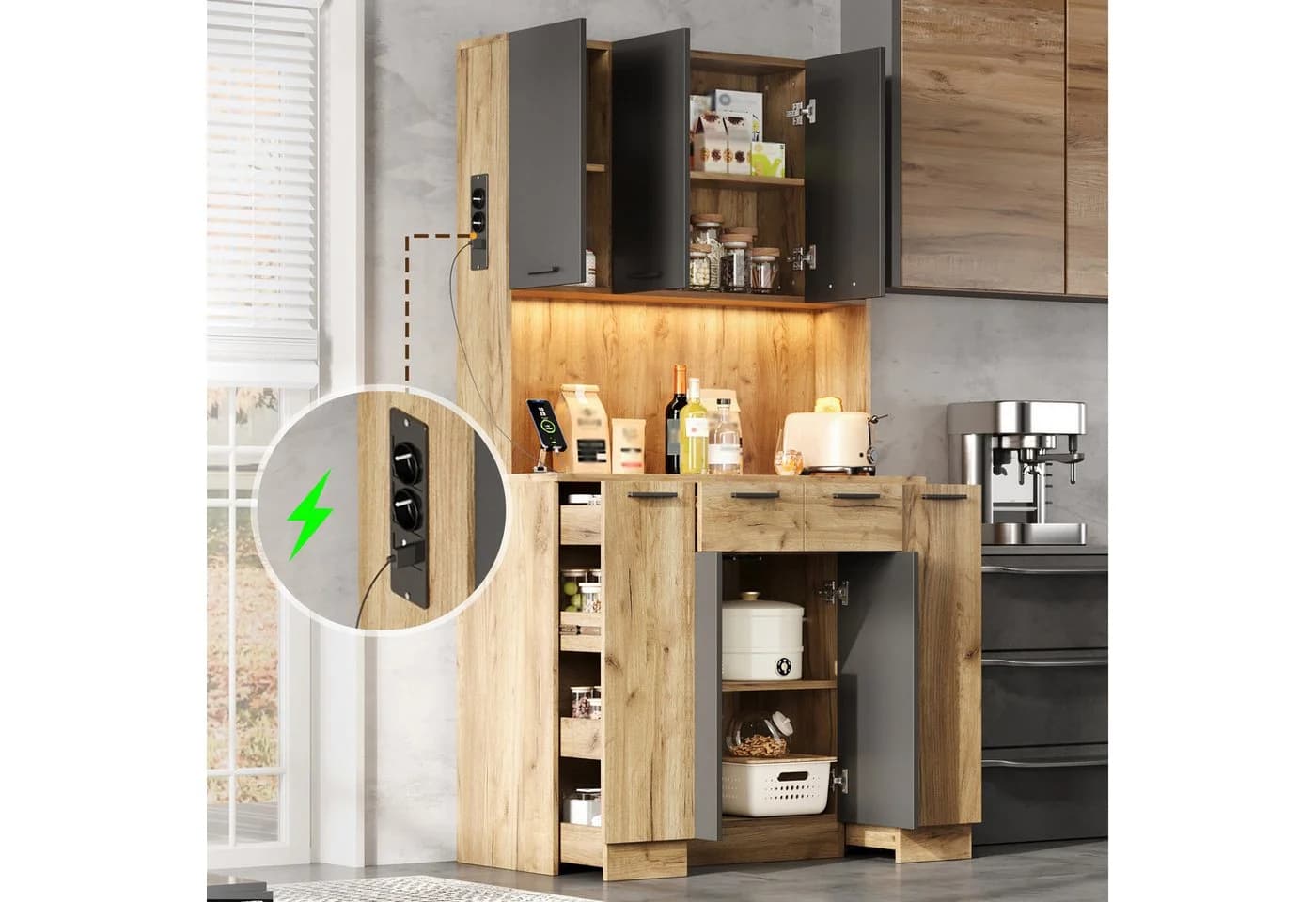 Flieks Küchenbuffet Hochschrank mit LED-Beleuchtung und Steckdose - Bild 2