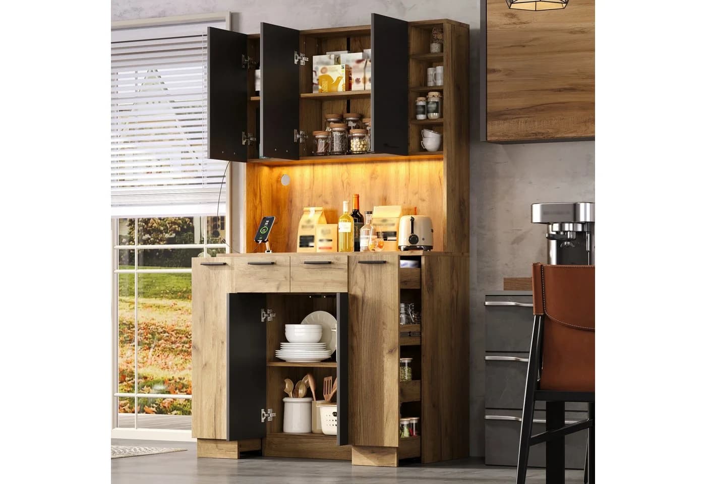 Flieks Küchenbuffet Hochschrank mit LED-Beleuchtung und Steckdose - Bild 4