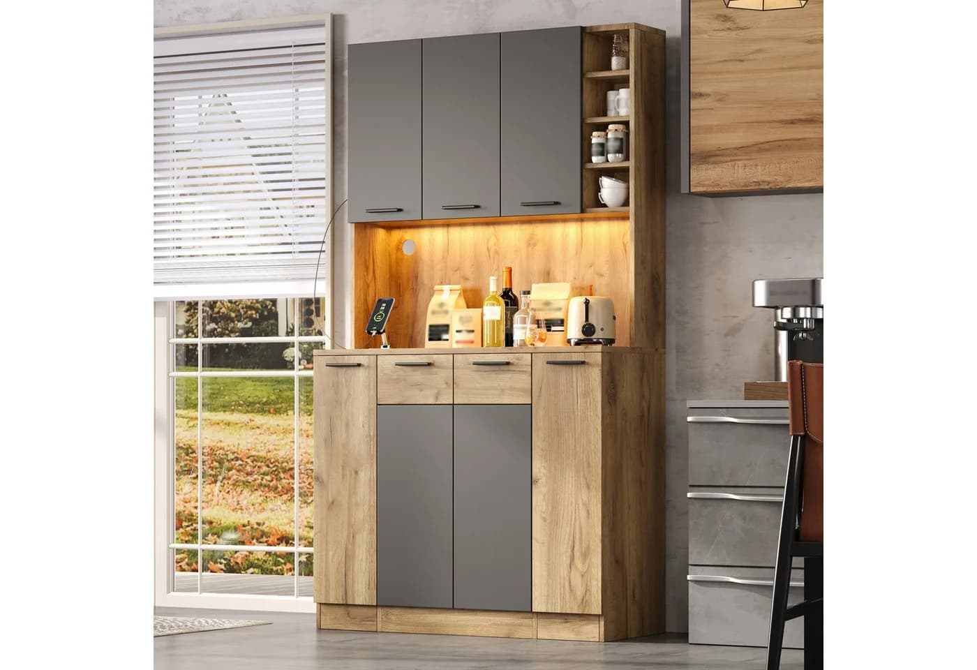 Flieks Küchenbuffet Hochschrank mit LED-Beleuchtung und Steckdose - Bild 5