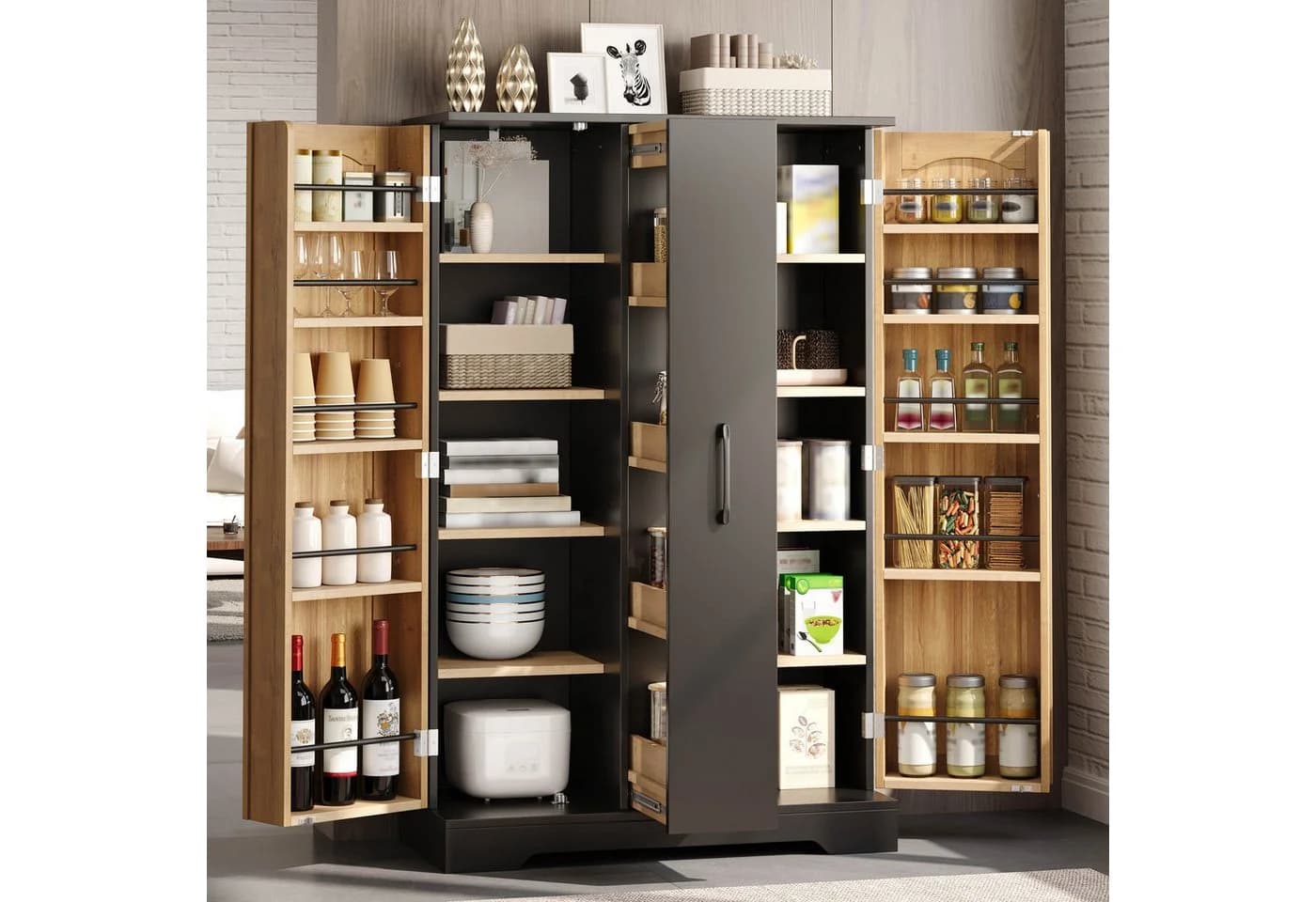 Flieks Hochschrank Schwarz/Natur 4 Schubladen Türregale