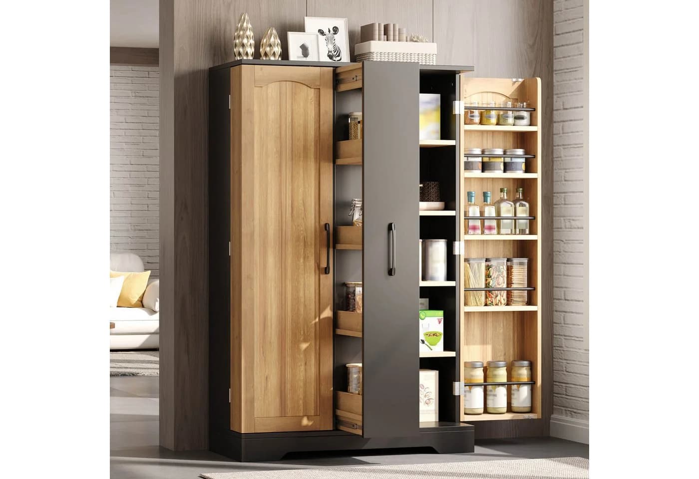 Flieks Hochschrank Schwarz/Natur 4 Schubladen Türregale - Bild 2