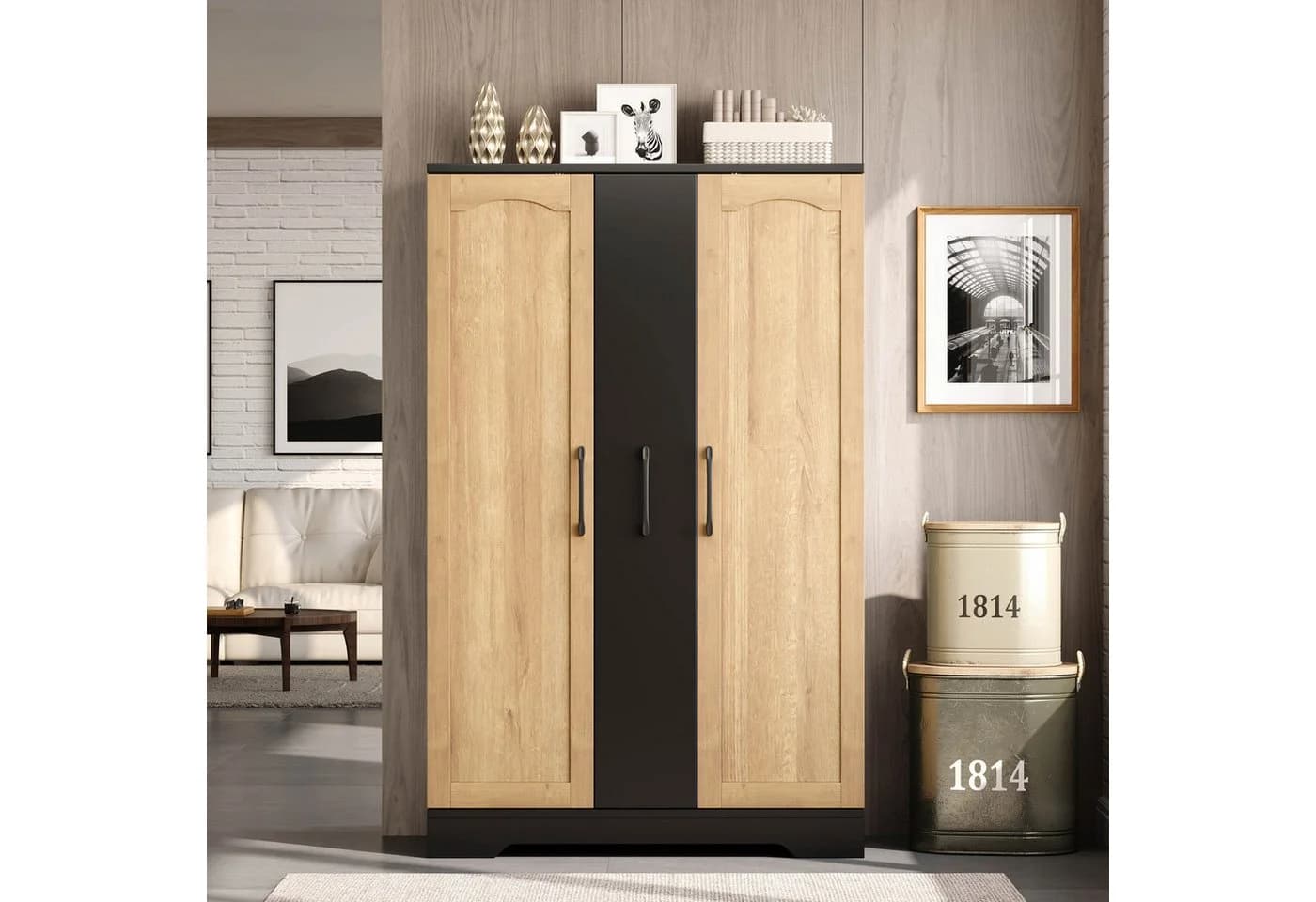Flieks Hochschrank Schwarz/Natur 4 Schubladen Türregale - Bild 3