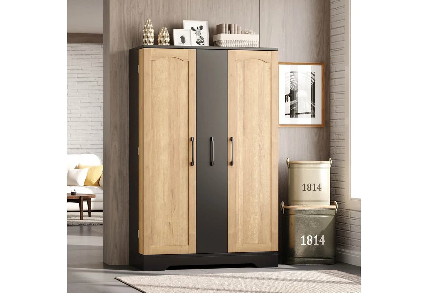 Flieks Hochschrank Schwarz/Natur 4 Schubladen Türregale - Bild 5