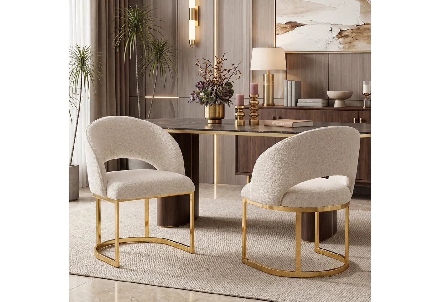 Flieks Esszimmerstuhl Freischwinger 6er Set Beige Gold Bouclé