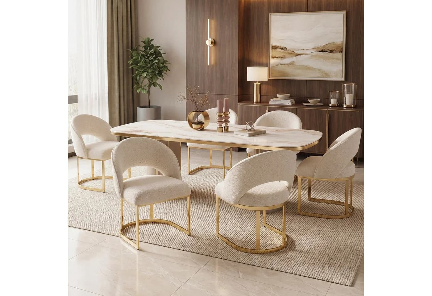 Flieks Esszimmerstuhl Freischwinger 6er Set Beige Gold Bouclé - Bild 2