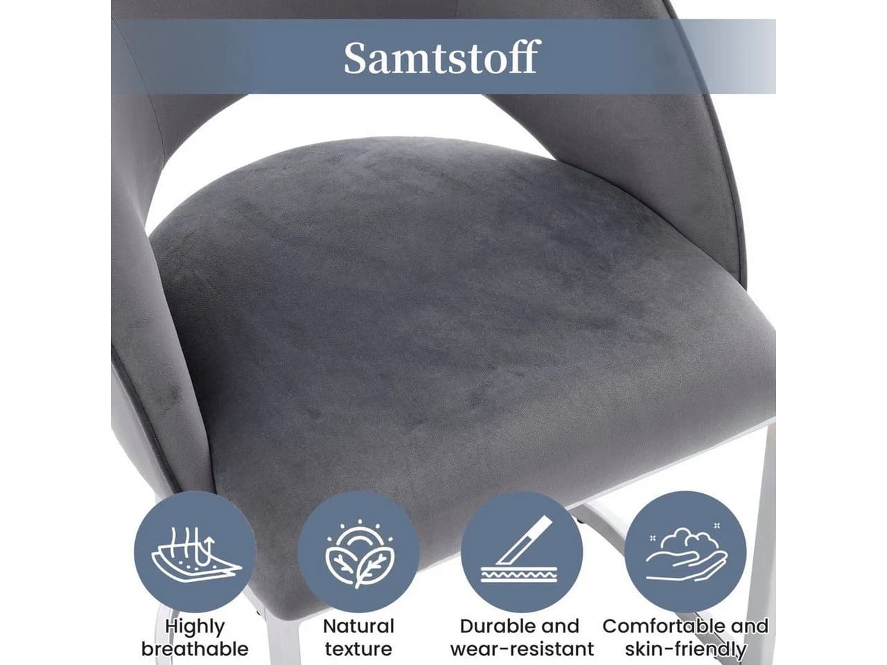 Flieks Esszimmerstuhl Freischwinger 6er Set Samtstoff Grau Silber - Bild 5