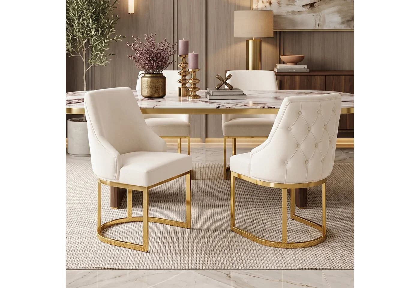 Flieks Polsterstuhl Esszimmerstühle Freischwinger 4er Set Samtstoff Beige&Gold - Bild 2
