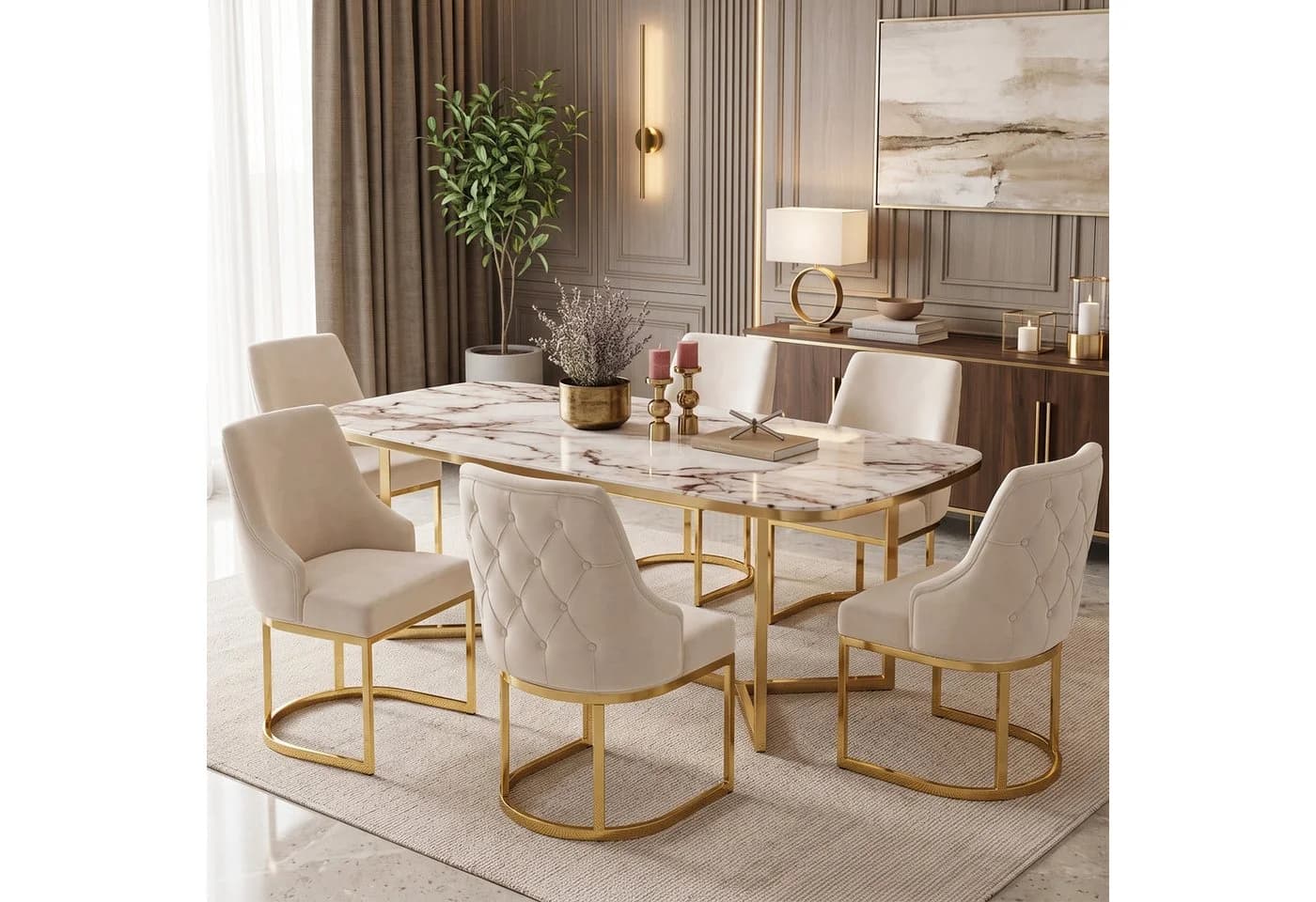 Flieks Polsterstuhl Esszimmer Freischwinger 6er Set Samt Beige&Gold - Bild 2