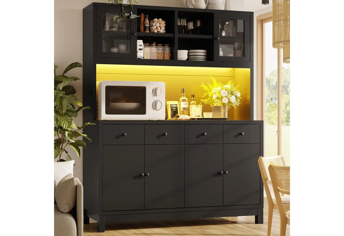 Flieks Küchenbuffet Hochschrank Schwarz mit App-LED, Glastüren & 4 Schubladen