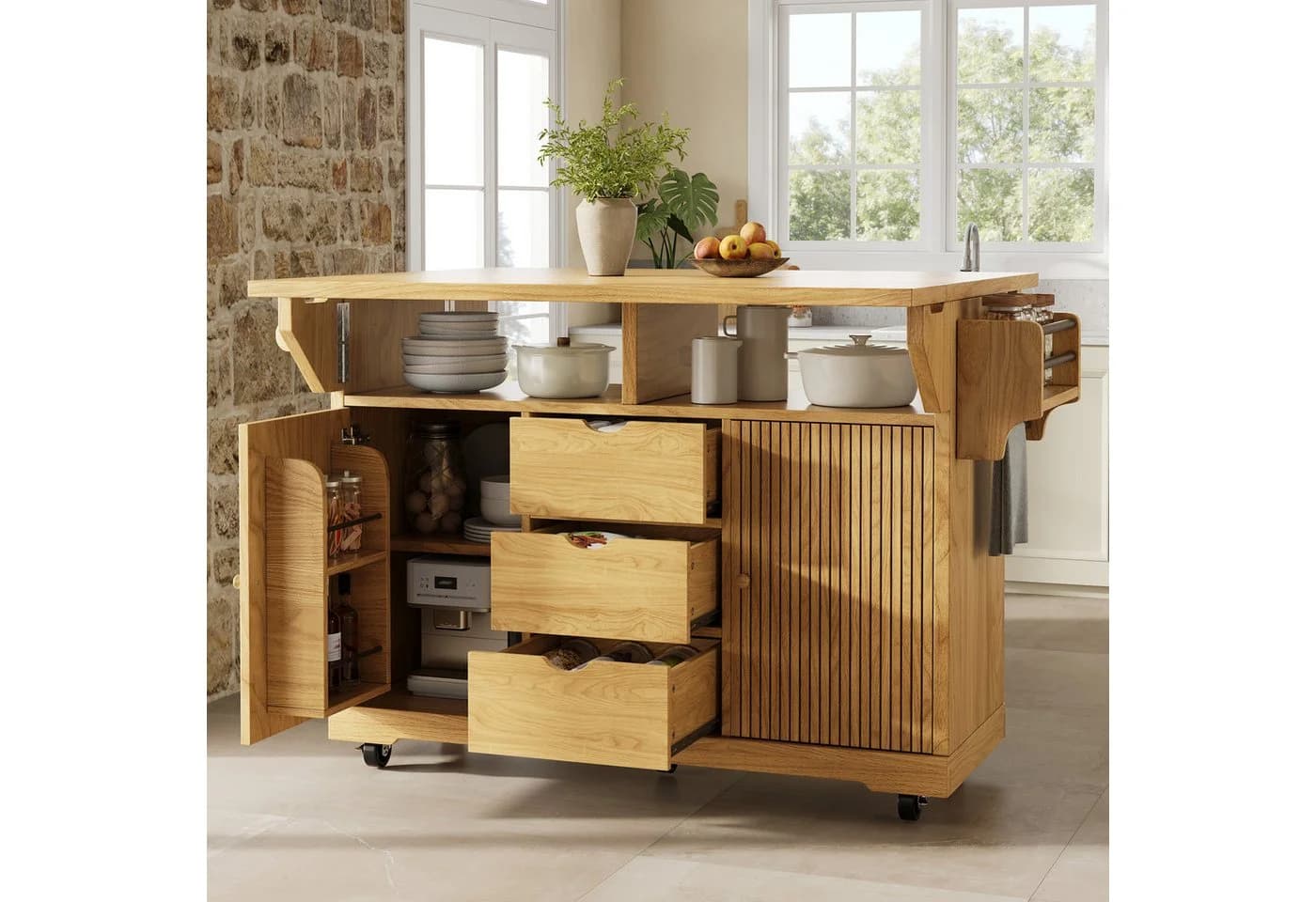 Flieks Küchenwagen Beige Holzoptik mit klappbaren Arbeitsplatten - Bild 2